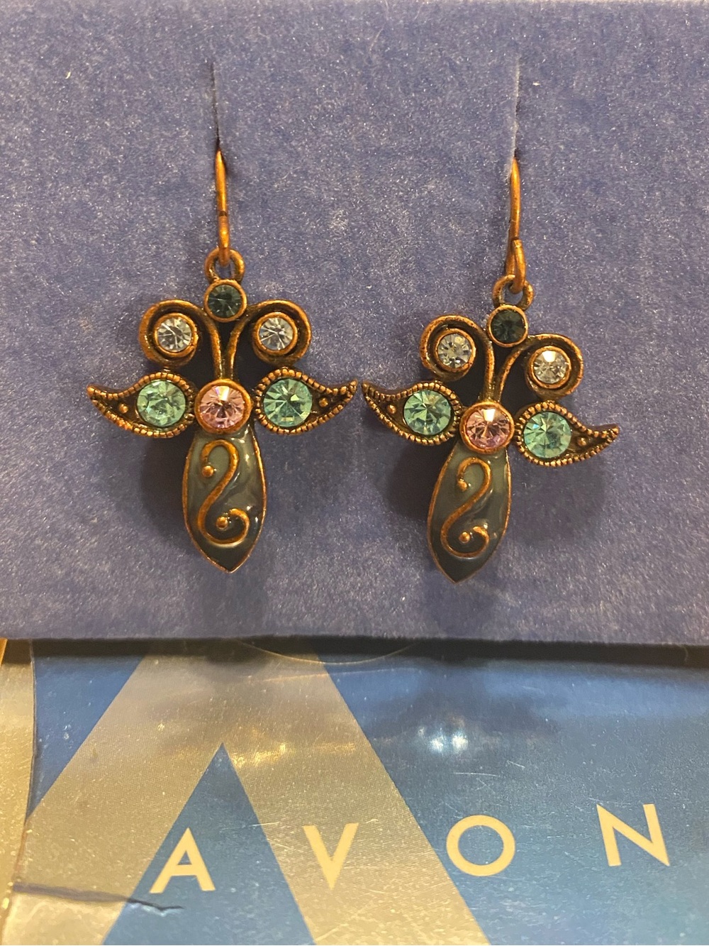 Vintage NR Avon Copper Rhinestone Whimsical Retro Earrings Fleur-de-lis enamel